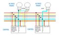 Esquema tipo multifilar, en el que se pueden apreciar todos los conductores de una instalación, es este caso con los colores identificativos de cada uno de ellos.